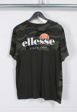 Vintage Ellesse T-Shirt in Khaki Green Crewneck Tee Large