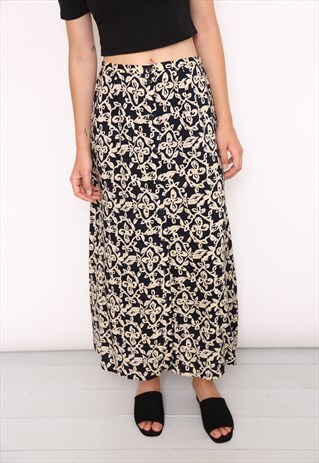 VINTAGE 90S NAVY FLORAL BUTTON MIDI SKIRT