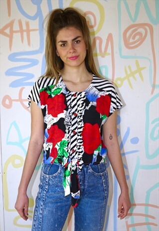 SHIRT VINTAGE 80S TIE FRONT TOP FLORAL PRINT & RUFFLES LARGE