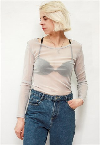 VINTAGE 90' AMAZING TRANSPARENT MESH GREY BLOUSE