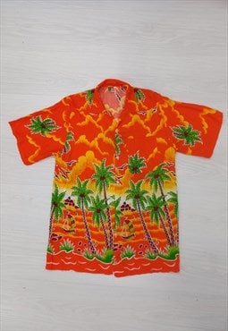 80's Caribbean Surf Hawaiian Shirt Orange Multi