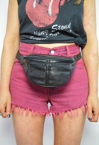 VINTAGE 90S BLACK LEATHER BUMBAG FANNY PACK GRUNGE RETRO