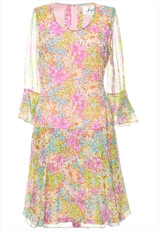 BEYOND RETRO VINTAGE FLORAL PRINT MULTI COLOUR DRESS - L
