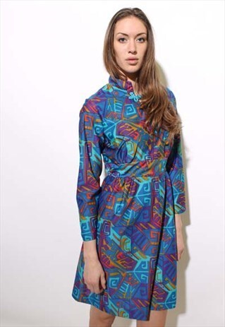 VINTAGE 1970'S 70'S PSYCHEDELIC PRINT LONG SLEEVE DRESS L-XL