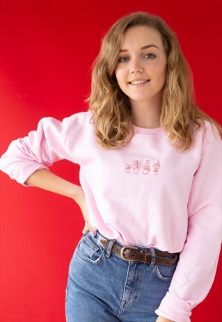 UNISEX SWEATSHIRT IN PINK WITH PLANT EMBROIDERY