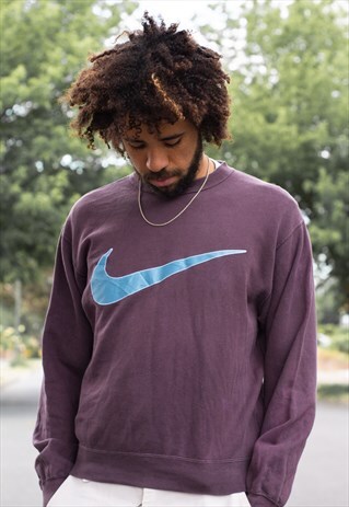 VINTAGE 90'S NIKE BIG SWOOSH SWEATSHIRT IN BROWN AND BLUE