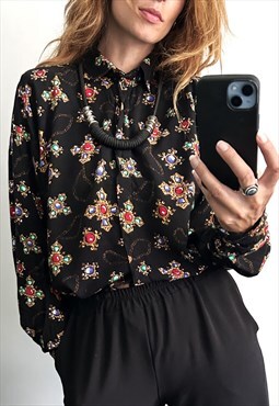 Glam Stones Printed Colorful Blouse In Black Background