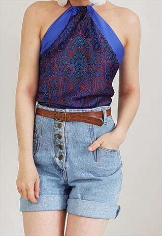 VINTAGE 80'S REWORKED SIMPLE SCARF TIE BACK HALTER TOP