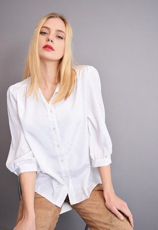70'S WHITE ROMBO PATTERN OVERSIZED SHIMMER PARTY SHIRT TOP