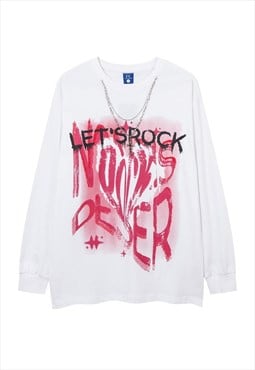Neck chain t-shirt graffiti tee grunge long sleeve top white