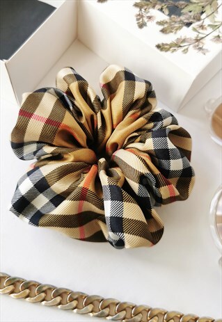 HANDMADE VINTAGE 90'S STYLE BIG TARTAN PLAID HAIR SCRUNCHY