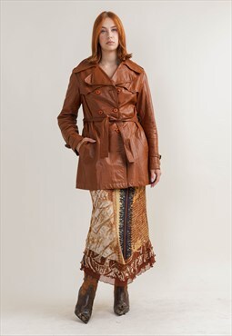 Vintage Grunge Belted Brown Leather Double Breasted Jacket L