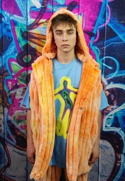 Tie-dye fleece gilet handmade sleeveless hood jacket orange