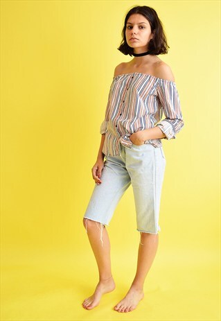 VINTAGE 90'S CUSTOMIZED OFF-SHOULDER STRIPED SHIRT BLOUSE
