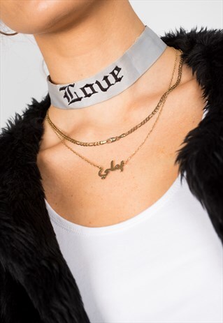 PERSONALISED EMBROIDERED SILVER SATIN NECK TIE CHOKER