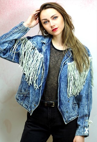 1990S VINTAGE ACID WASH FAUX LEATHER FRINGED DENIM JACKET