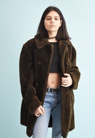 VINTAGE 70'S RETRO OVERSIZED FAUX FUR KHAKI COAT