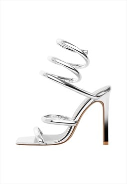 Silver Square Toe Strap Stiletto Sandals