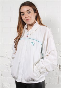 Vintage Puma Jacket in White with Spell Out Logo UK 16