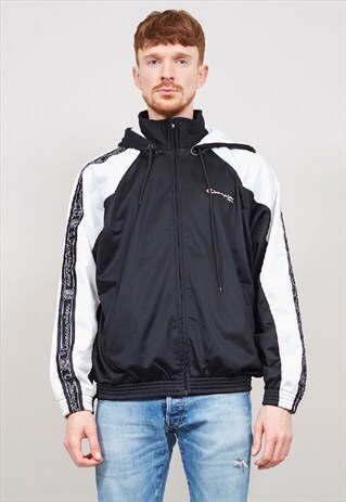 VINTAGE CHAMPION 90'S MONOCHROME HOODED TRACKSUIT JACKET