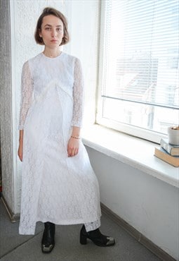 Vintage 70's White Lace Maxi Long Sleeved Dress