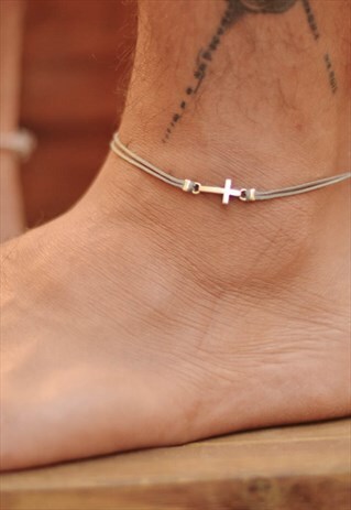 CROSS ANKLET FOR MEN SILVER CHARM GREY CORD ANKLE BRACELET