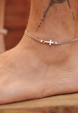 Cross anklet for men silver charm grey cord ankle bracelet