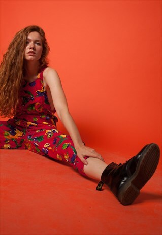RED OVERALL WITH COLOURFUL FLORAL BERRY PRINT