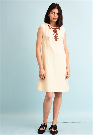 70'S RETRO FOLK CLASSIC CUT NEUTRAL MINI DRESS
