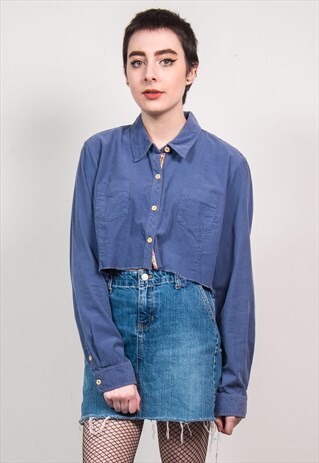 VINTAGE 90'S BLUE CORD CROPPED FRAYED HEM SHIRT