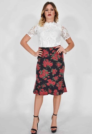 MOSCHINO JEANS LONG ELEGANT SKIRT BLACK WITH RED FLOWERS
