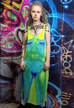Body print midi dress thermal long raver tee in acid green 