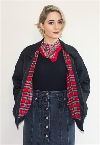 VINTAGE 90'S BLACK TARTAN LINED HARRINGTON BOMBER