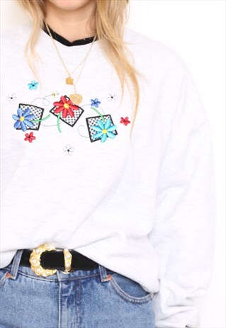 VINTAGE 90S GREY FLORAL EMBROIDERED SWEATER JUMPER