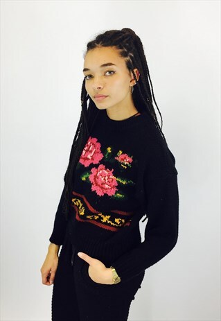 VINTAGE BLACK FLORAL KNITTED JUMPER
