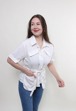 Vintage 90s safari blouse, white short sleeve blouse summer