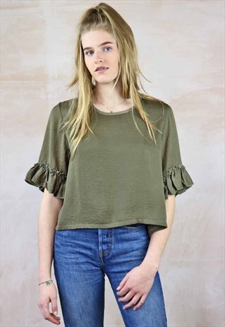 KHAKI SILKY FRILL TOP
