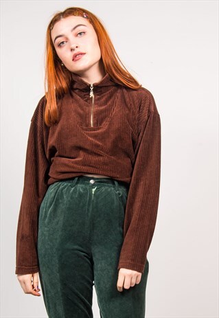 VINTAGE 90'S BROWN RIBBED VELVET QUARTER ZIP TOP
