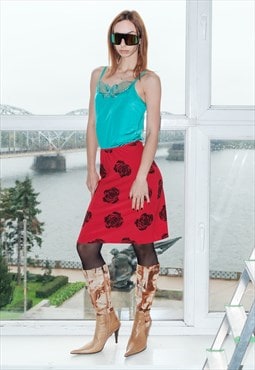 Vintage Y2K sweet rose pattern midi skirt in red & black