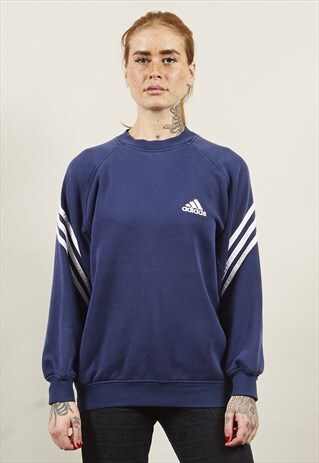 VINTAGE 90'S ADIDAS DIAGONAL STRIPED BLUE SWEATER