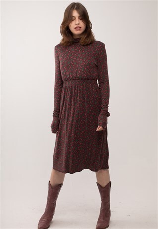 VINTAGE TURTLENECK DOTTY BURGUNDY MIDI DRESS