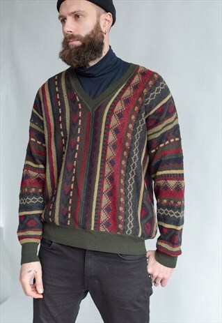 VINTAGE 80S DADS V-NECK JUMPER IN MULTICOLOUR PATTERN