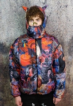 Psychedelic bomber jacket detachable raver puffer in rainbow