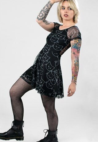 'SIDE EYE' CARTOON CAT PRINT MESH & JERSEY SKATER DRESS