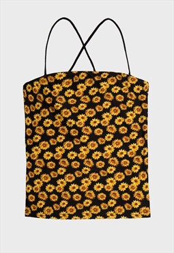 Justify black/yellow sunflower cropped top  