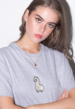 LLAMA EMBROIDERED GREY TEE