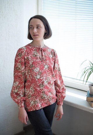 VINTAGE 70'S RED FLOWER PATTERNED LONG SLEEVED BLOUSE