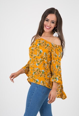 MUSTARD BARDOT FLORAL TOP
