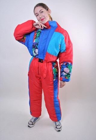 RETRO BASEBALL PRINT RED SKI SUIT, 80S ACID WOMEN SNOW SUIT