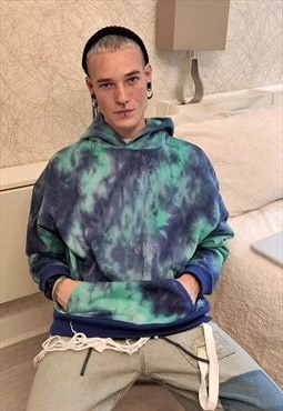 Tie-dye hoodie gradient pullover acid wash rave top blue